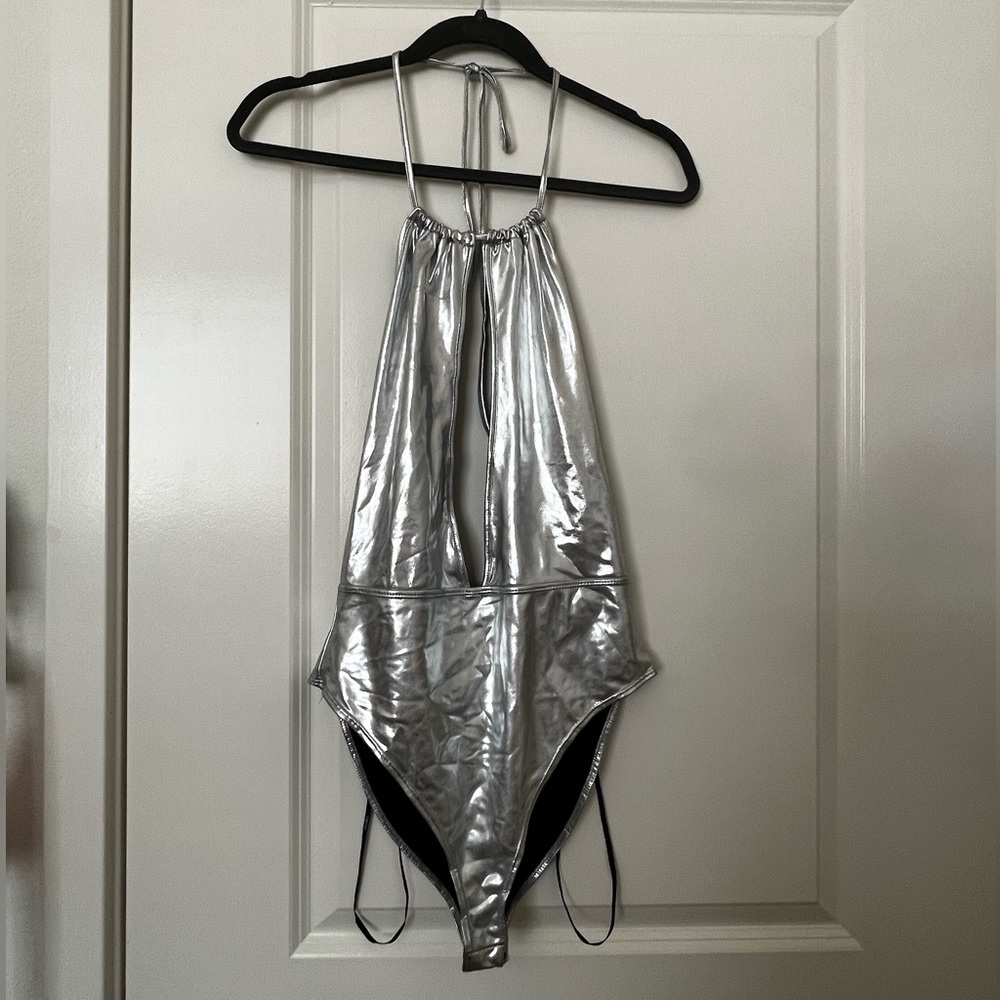 F21 Metallic Silver bodysuit halter top (low V-cut) - never used